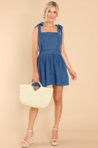 Denim Tie Shoulder Square Neck Pleated Fit and Flare Mini Dress