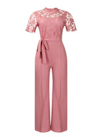 Lace Trim Hollow Short Sleeve Bandage High Waist Wide Leg Jumpsuits