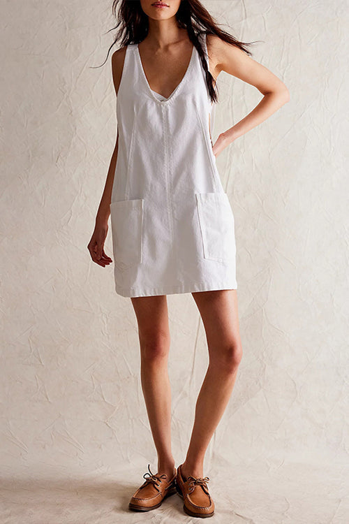 Deep V-Neck Patch Pocket Denim Pinafore Shift Mini Dress