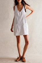 Deep V-Neck Patch Pocket Denim Pinafore Shift Mini Dress