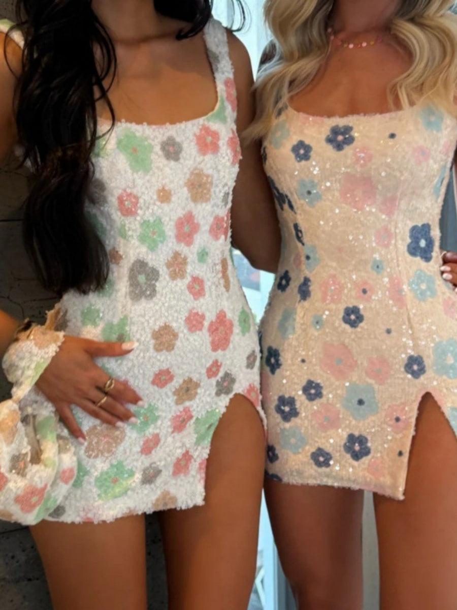 Color Flowers Sequins Slit Hip-hugging Mini&Short Dresses