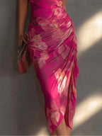 Spaghetti Strap Backless Printed Slim-fitting High Slit Long Dress