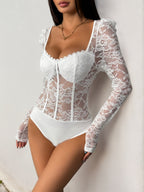 Openwork Lace Trim Spliced Square Neck Tight-fitting Long Sleeves Bodysuits