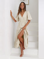 Eulalia Exclusive V Neck Dress with Puff Sleeves Chic Silhouette Collection