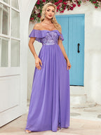 Off Shoulder Ruffle Embroidered Sequins Slit Bow Formal Dress Bridesmaid Maxi Dresses