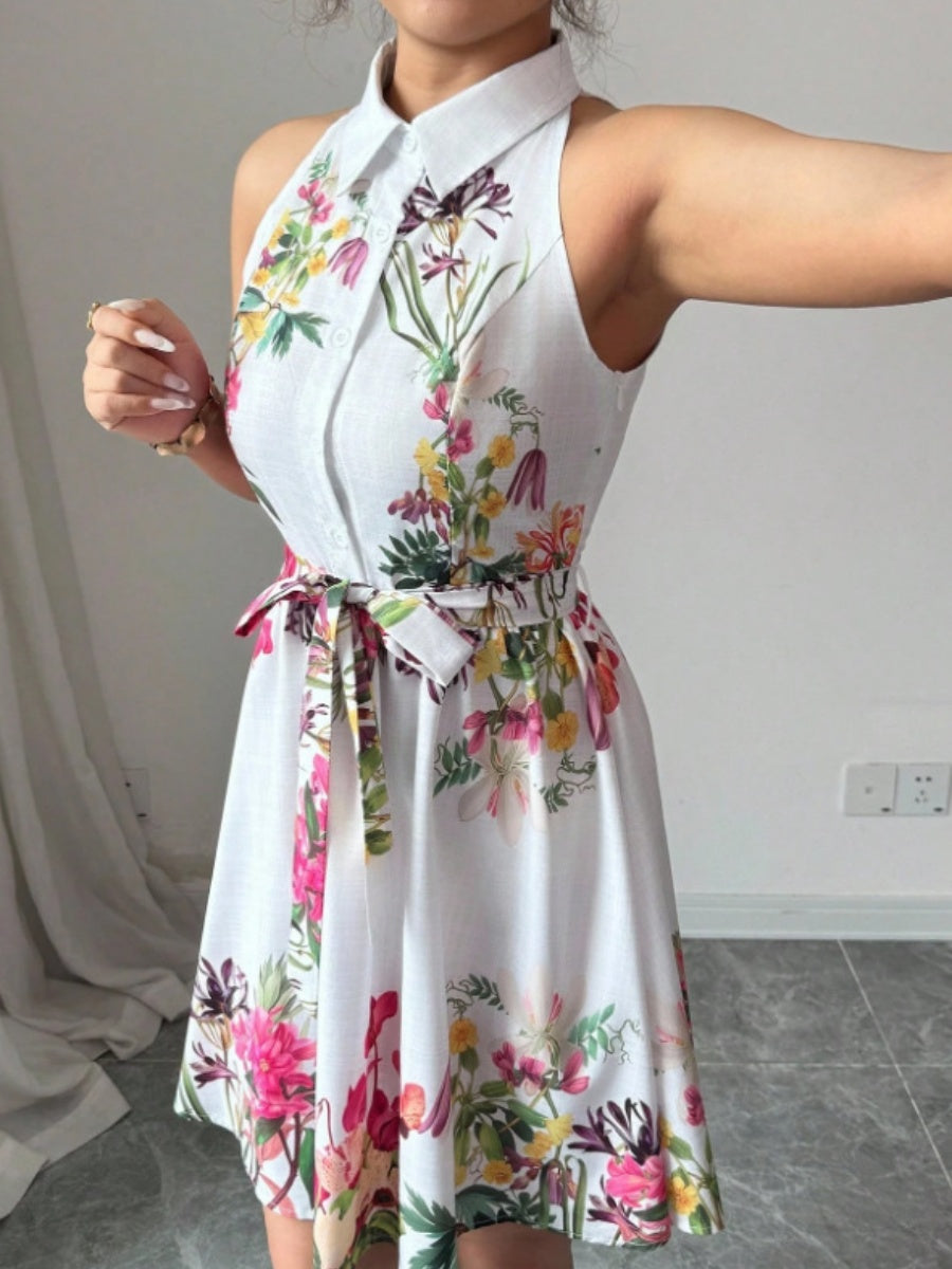 Sleeveless Halter Neck Floral Print Tie-up Short Dress