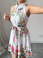 Sleeveless Halter Neck Floral Print Tie-up Short Dress