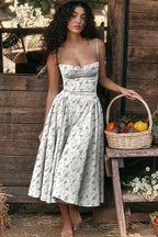 Spaghetti Strap Corset Bodice Box Pleat A-Line Midi Dress