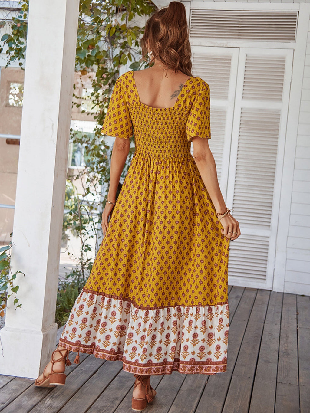 Printed Color-blocked Square Neck Short Sleeve Maxi Dresses