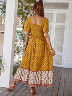 Printed Color-blocked Square Neck Short Sleeve Maxi Dresses