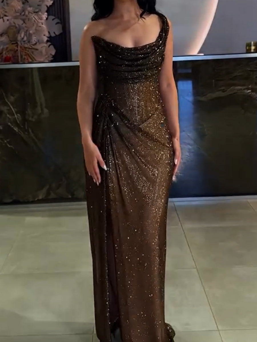 One Shoulder Gold And Silver Thread Fabric Slit Gathering Parties Maxi Dresses