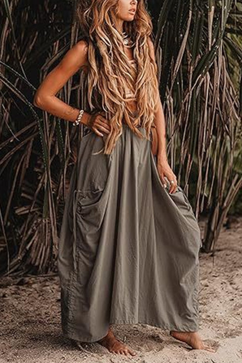 Side Drawstring Ruched Cotton Linen Baggy Maxi Skirt