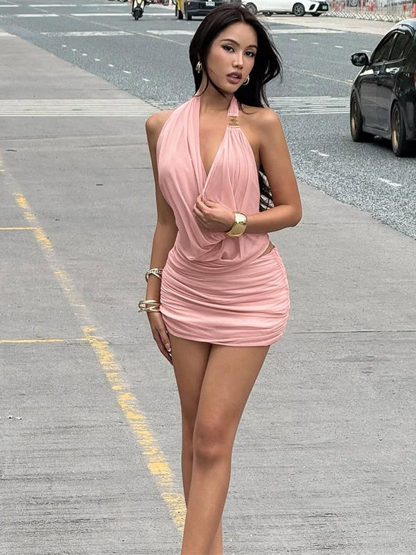 Hollow-out Deep V-neck Spliced Mesh Short Top And Slim-fit See-through Bodycon Skirt Set
