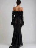 Lace Hollow Off Shoulder Flared Sleeves Hip-hugging Maxi Dresses