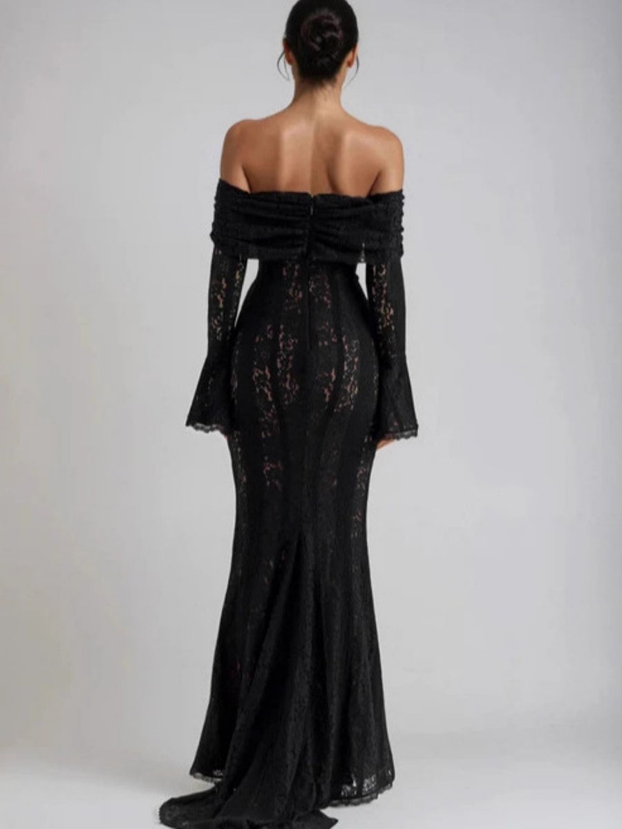 Lace Hollow Off Shoulder Flared Sleeves Hip-hugging Maxi Dresses