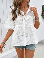 Women's Short-sleeved Shirt With Lapel And Openwork Embroidery