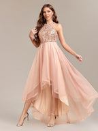 Halter Sequins Mesh Irregular Hem Formal Dress Maxi Dresses