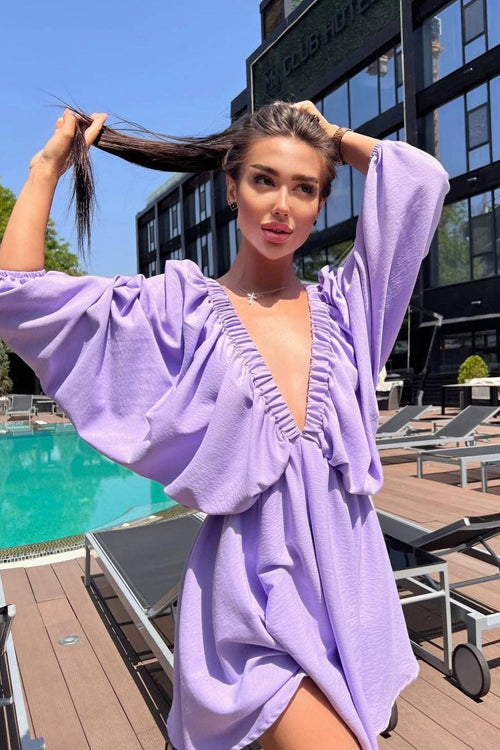 Crinkle Texture Deep V-Neck Puff Sleeve Babydoll Mini Dress