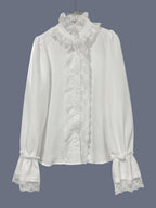 White Lace-trimmed Long-sleeved Shirt