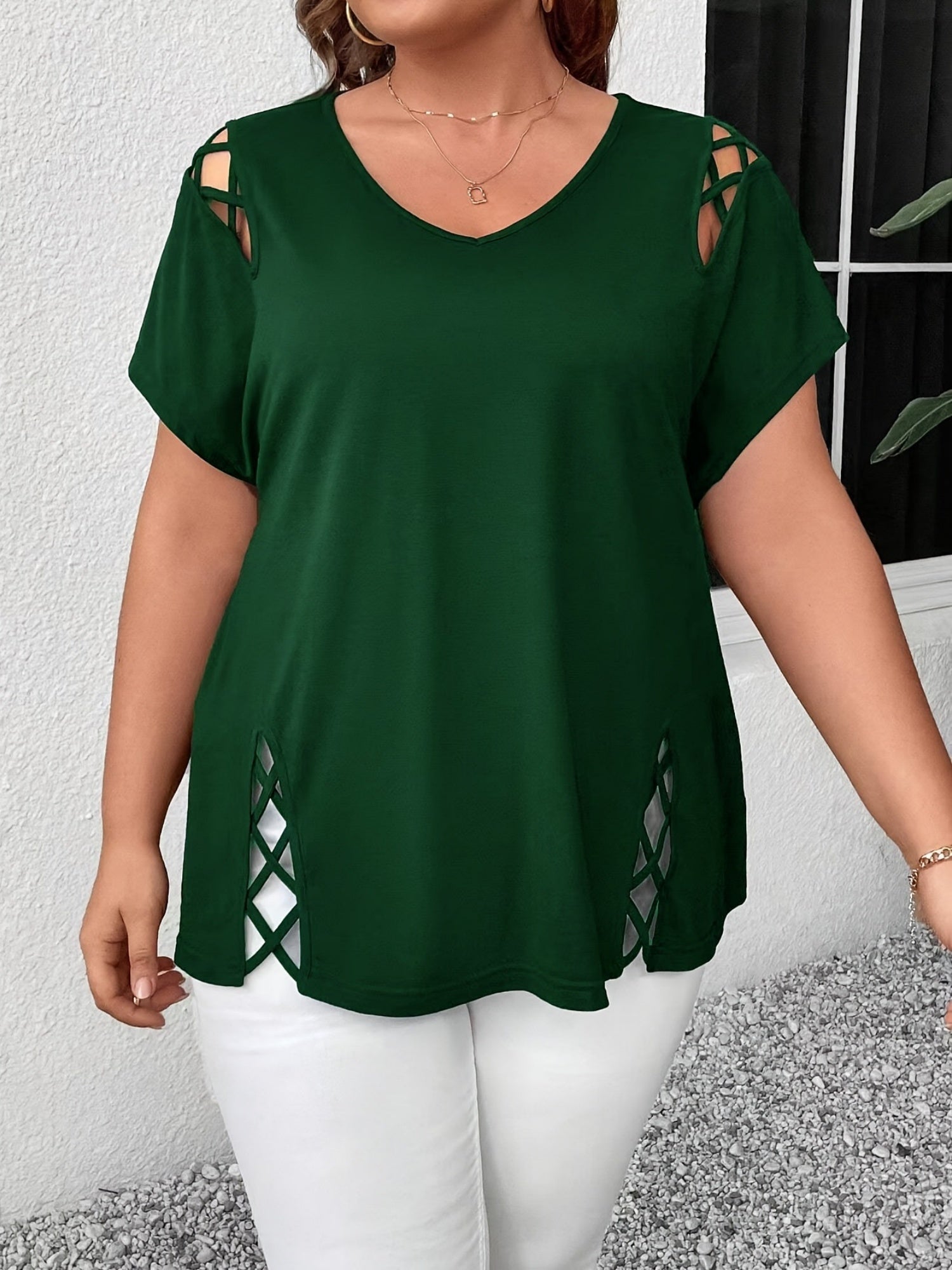 Hollow Out V-neck Cross Belt Short-sleeved T-shirt