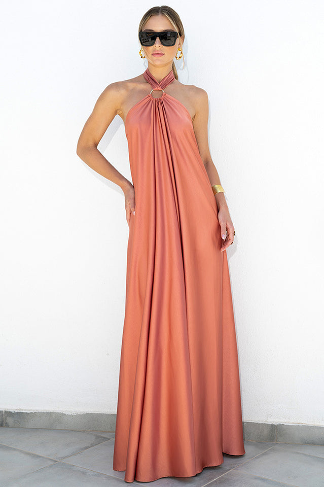 Satin Halter Ring Detail Draped Backless Floor Length Maxi Dress