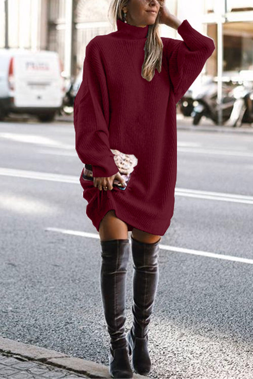 Turtleneck Ribbed Knit Oversized Sweater Dress