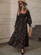 Floral Long Sleeve Square Collar Vacation And Leisure Maxi Dresses