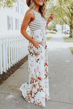Sleeveless Stripes Splice Floral Maxi Dress