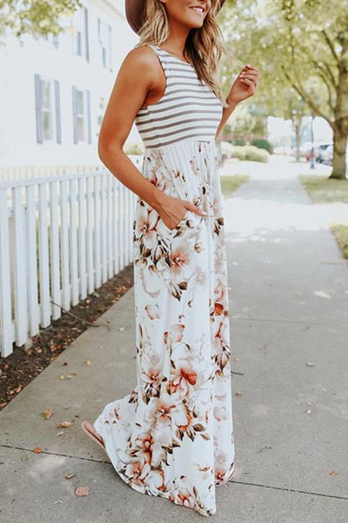 Sleeveless Stripes Splice Floral Maxi Dress