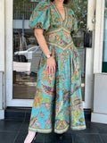 Printed Balloon Sleeve V-neck Temperament Waist Maxi Dresses