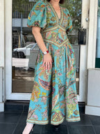 Printed Balloon Sleeve V-neck Temperament Waist Maxi Dresses