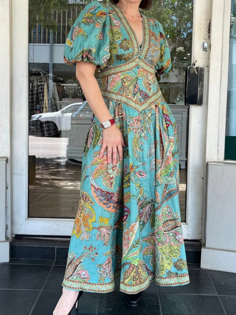 Printed Balloon Sleeve V-neck Temperament Waist Maxi Dresses