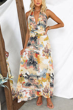 Halter V Neck Backless Printed Maxi Vacation Dress