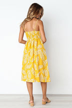 Sunflower Print Spaghetti Strap Button Front Fit and Flare Midi Dress