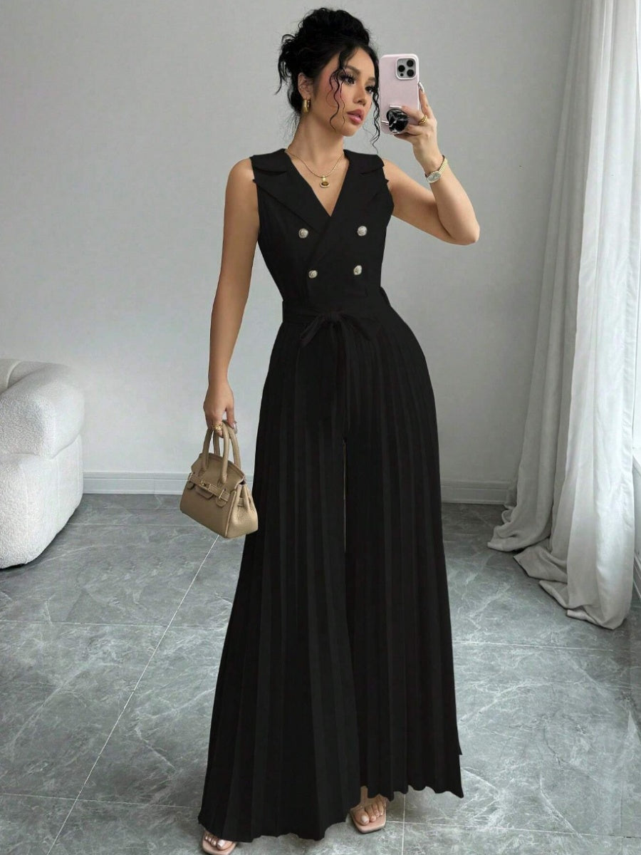 Commuting Suit Collar Pleated Pants Double-breasted Jumpsuits