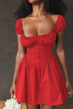 Square Neck Puff Sleeve Button Front Corset Bodice Skater Mini Dress