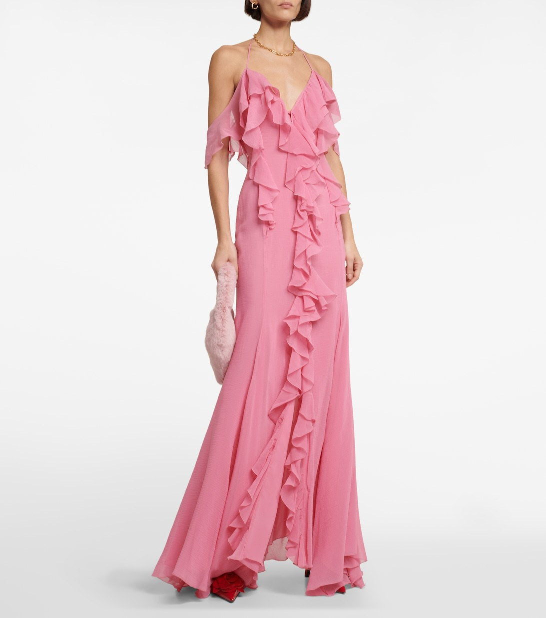 V-neck Ruffle Backless Formal Dress Maxi Dresses
