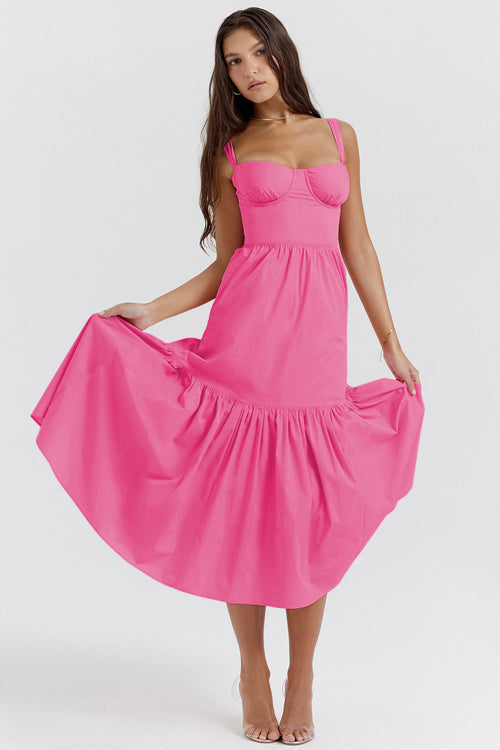 Floral Print Sweetheart Bustier Tie Strap Tiered Midi Dress
