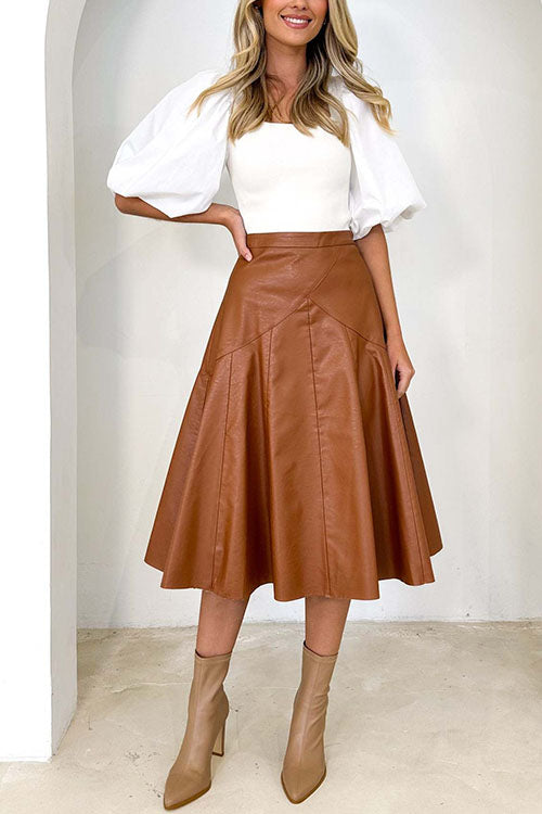 High Waist Faux Leather A-line Flare Midi Skirt