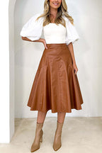 High Waist Faux Leather A-line Flare Midi Skirt