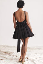 Square Neck Sleeveless Bow Back Pleated Volume Skater Mini Dress