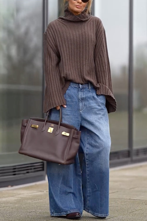 Turtleneck Solid Ribbed Knit Sweater