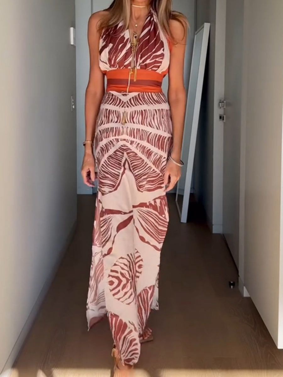 Plants And Flowers Printed Lace Up V-neck Halter Maxi Dresses