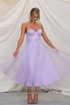 Tulle Corset Sweetheart Spaghetti Strap Tie Waist Midi Dress