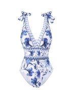 Blue And White Porcelain Print One-piece Slimming And Figure-flattering Long Swimsuit And Sun Protection Dress Two-piece Set