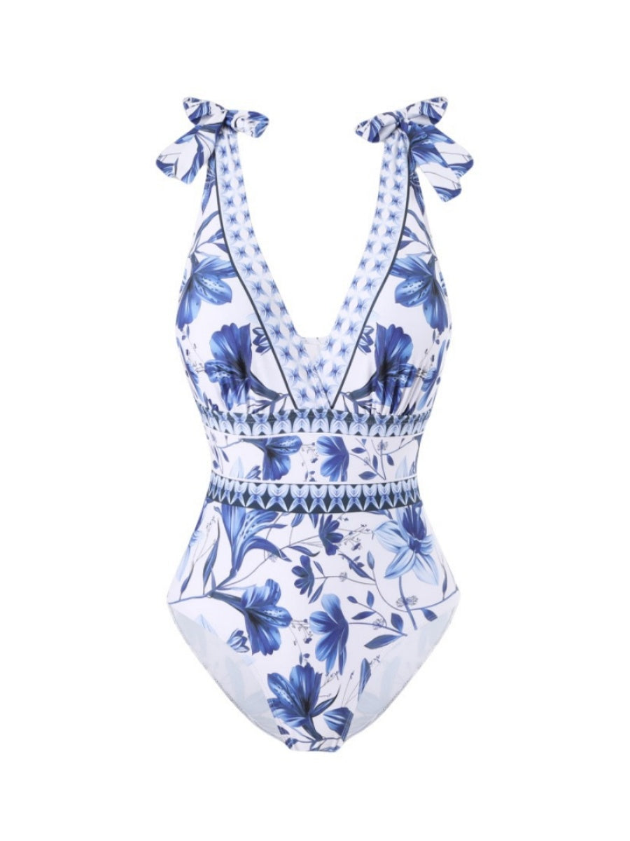 Blue And White Porcelain Print One-piece Slimming And Figure-flattering Long Swimsuit And Sun Protection Dress Two-piece Set