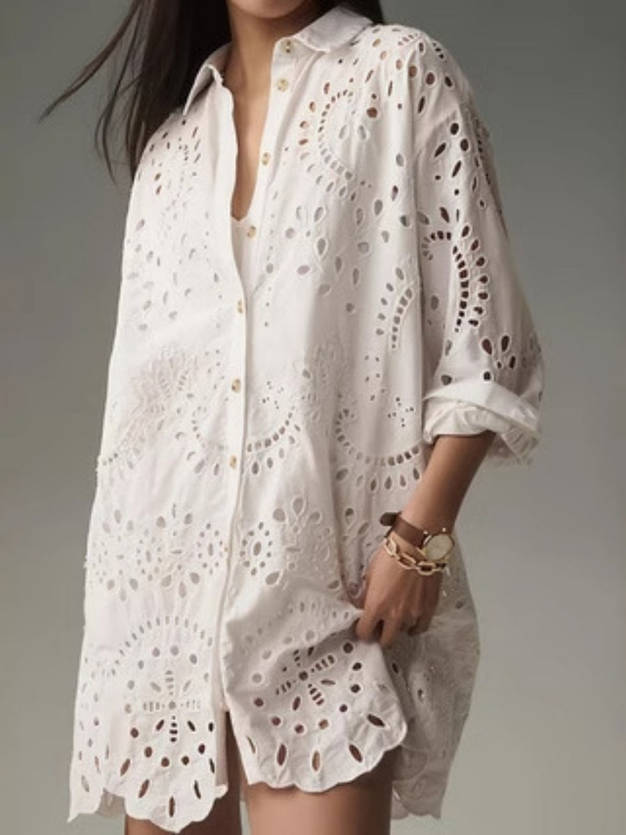 Solid Color Openwork Button-down Collar Shirt