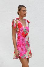 Tie Shoulder Deep V-Neck Patchwork Floral Print Mini Dress