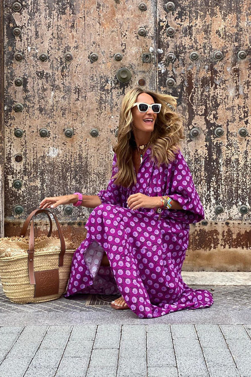 Geometric Lattice Print V-Neck Puff Sleeve Tiered Maxi Dress