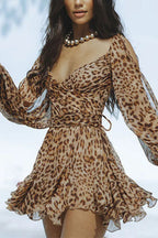 Wrap V Neck Cold Shoulder Leopard Mini Dress